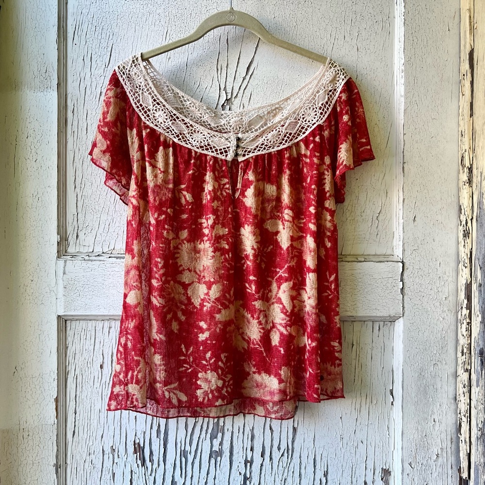 Denim & Supply Ralph Lauren Red and White Flutter Short Sleeve Top Blouse